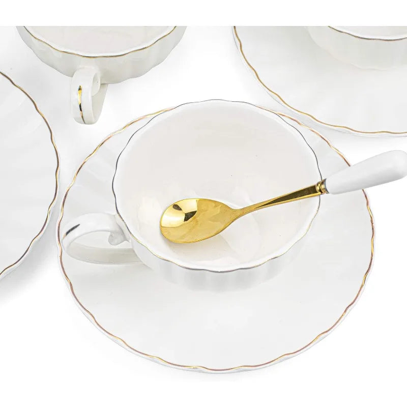 Set of 6 Royal Tea Cups and Saucers with Gold Trim, 8 oz, White