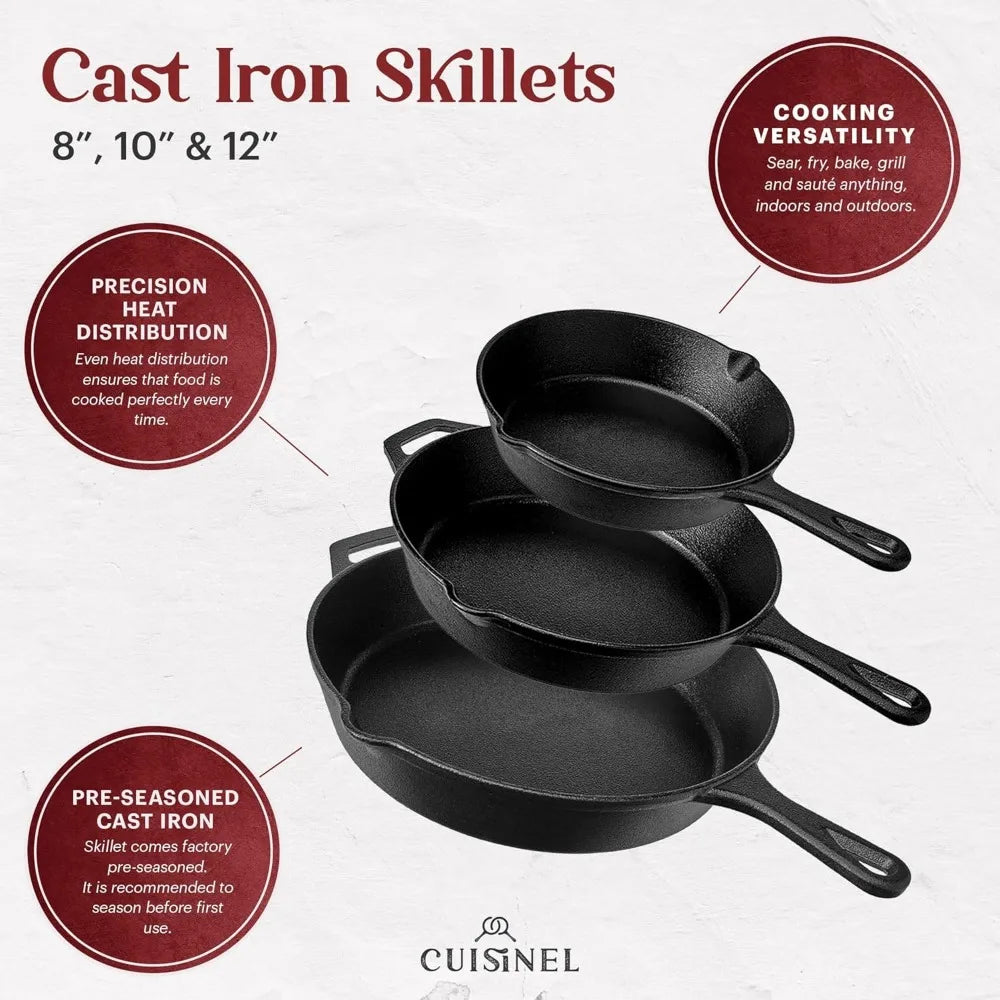 Pre-Seasoned Cast Iron Skillet Set - 8" + 10" + 12"-Inch Frying Pans + Silicone Handle Grip Covers