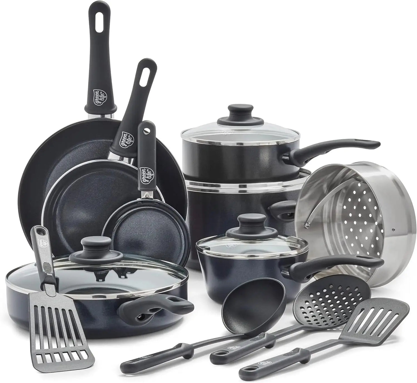 Ceramic Nonstick 16 Piece Kitchen Cookware Set, with Kitchen Utensils and Lid- Assorted Colors