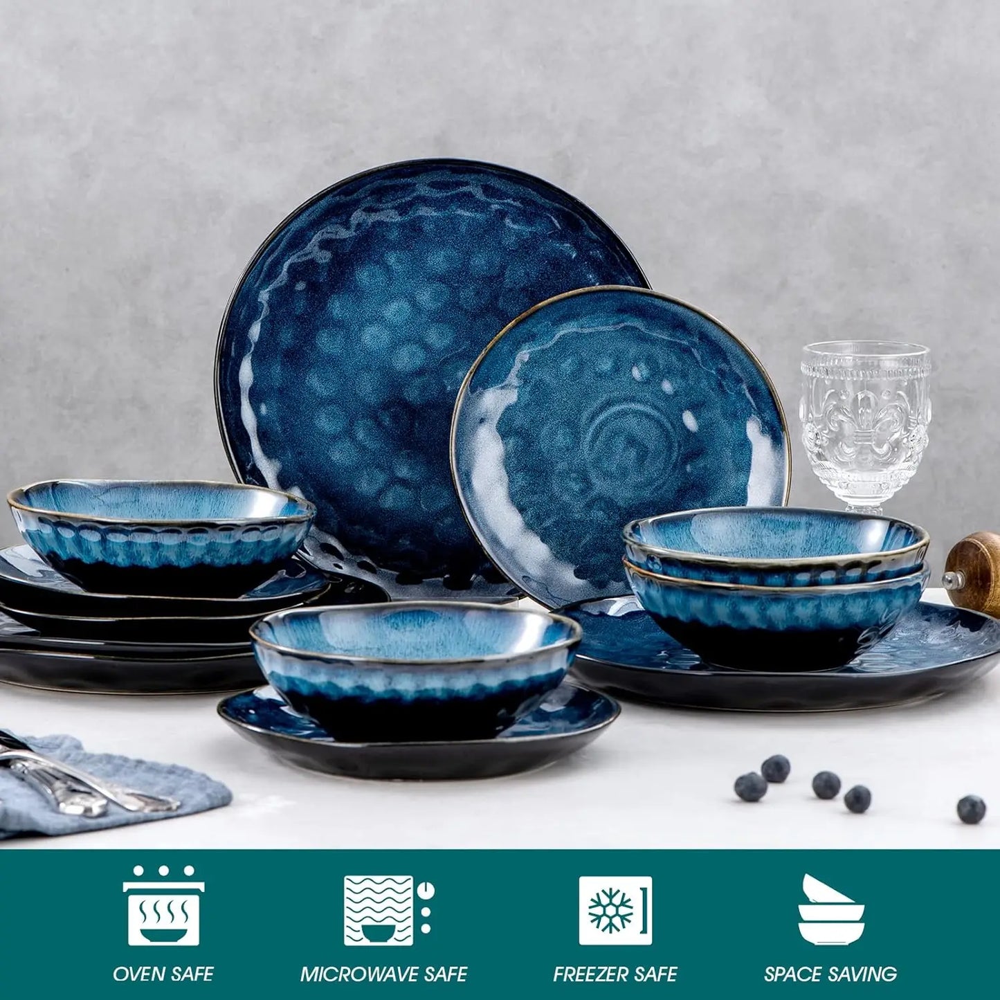 12 Piece, Reactive Change Glaze Dinner Set, Plates and Bowls Set