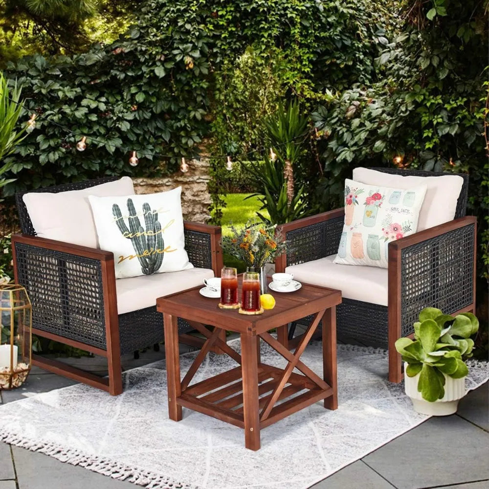 3 Piece Wicker Patio Furniture Set w/Washable Cushion & Acacia Wood Coffee Table