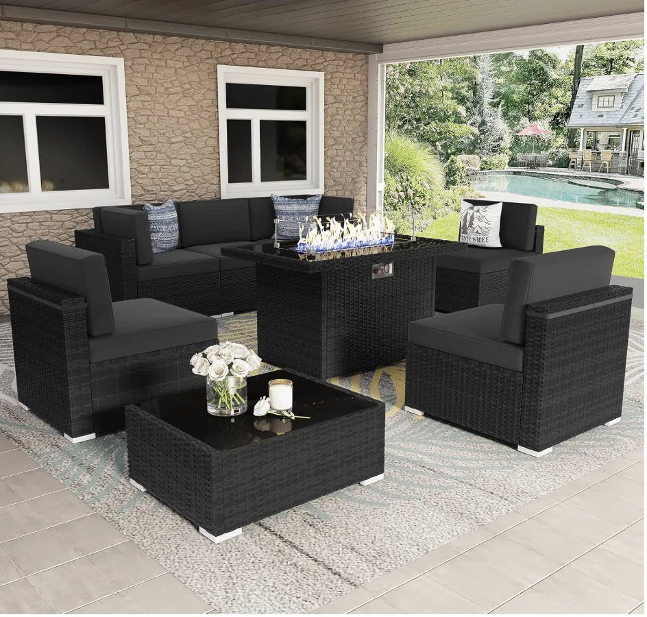 8 Piece Patio Set with 44" Propane Gas Fire Pit Table, Black