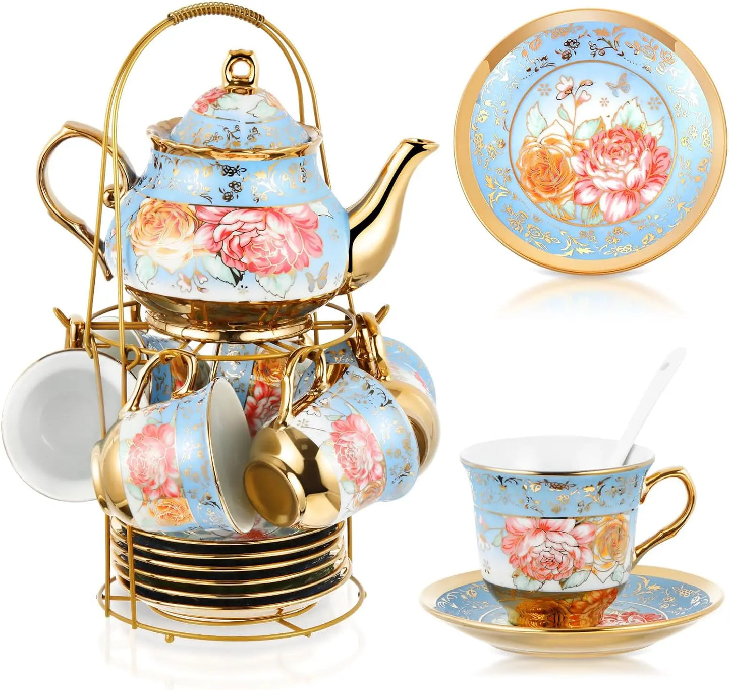 20 Pcs European Porcelain Tea Set with Metal Holder, Service for 6