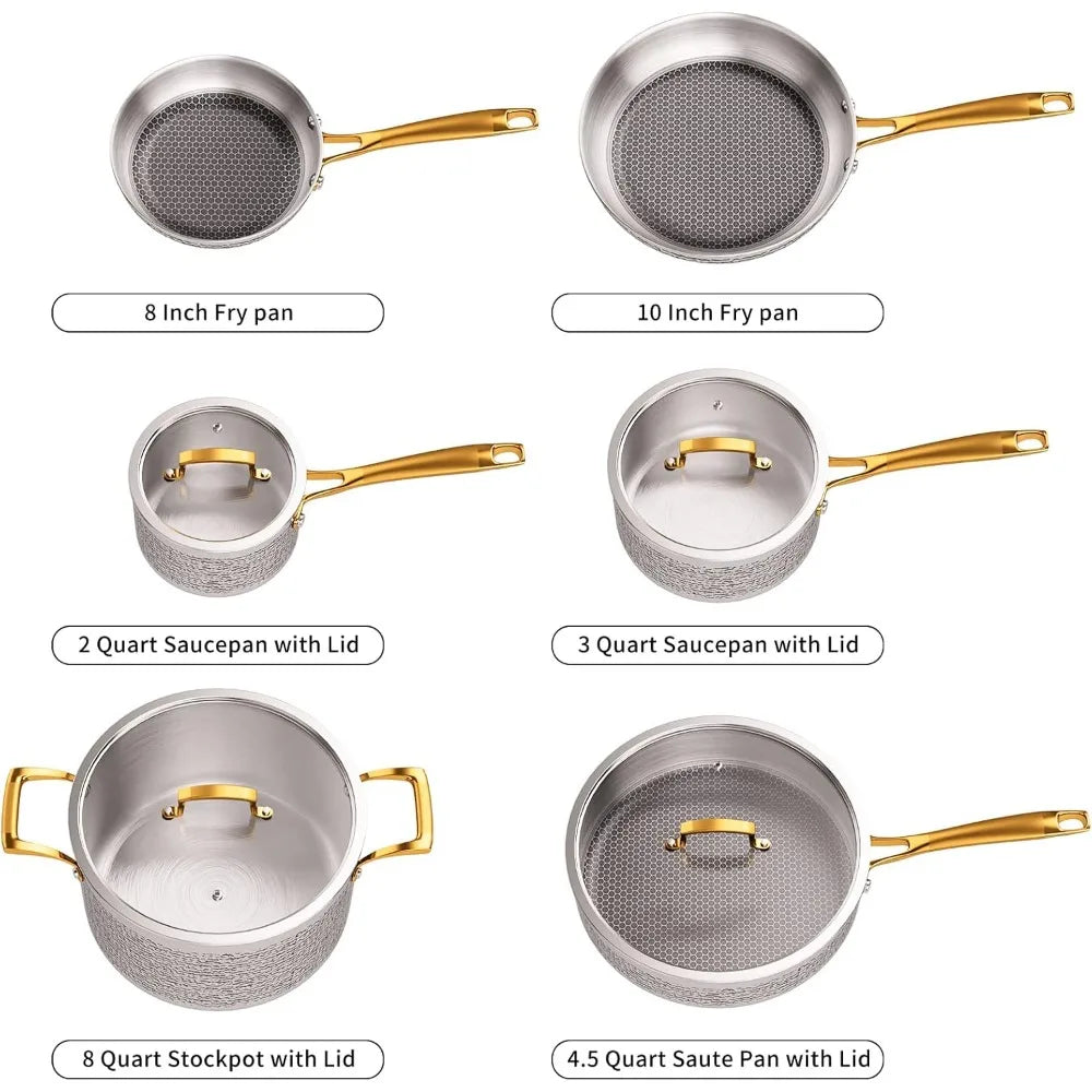 Tri-Ply Stainless Steel Hammered Kitchen Cookware Set, Induction Compatible, Dishwasher and Oven Safe,