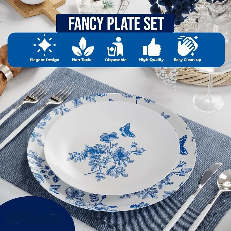 White & Blue Floral Design Disposable Plates Set