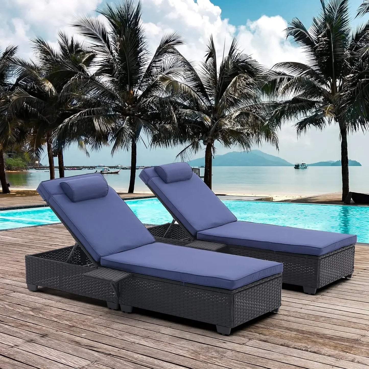 2 Piece Outdoor PE Wicker Chaise Lounge Set