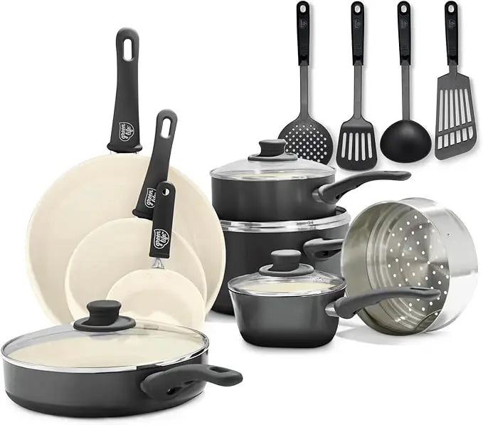 Soft Grip 16 Piece Ceramic Nonstick Cookware Set, Non-Toxic PFAS-Free Frying