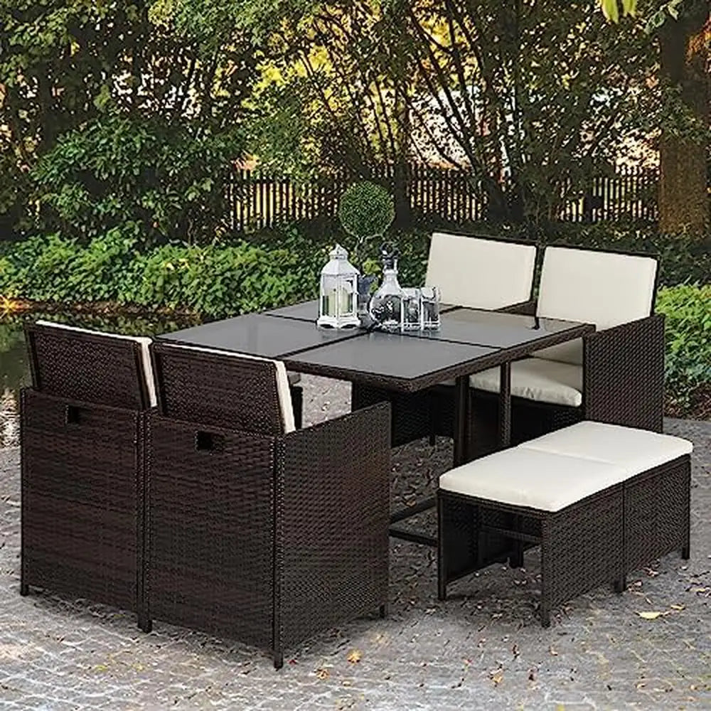 9-Piece Space-Saving Patio Dining Set with Glass Table Top