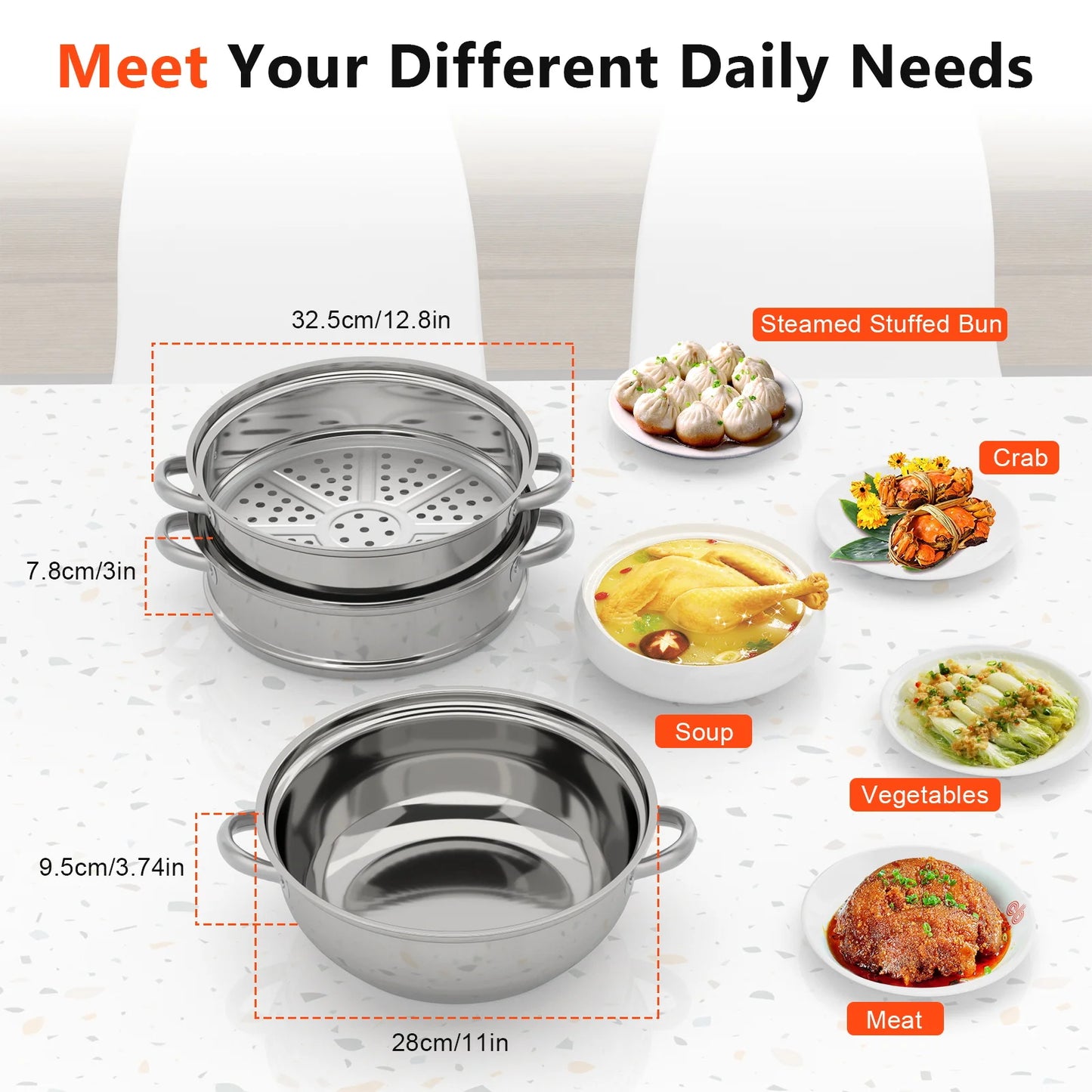 28CM Stainless Steel 3 Tier Steam Cooker Pot