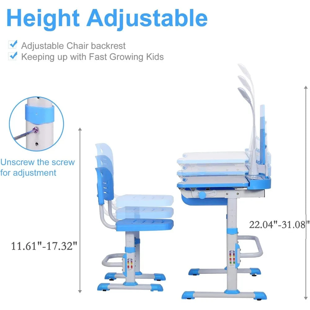 Children's Desk and Chair- Height-adjustable Study and Writing Table with Tilting Table Top, LED Light,