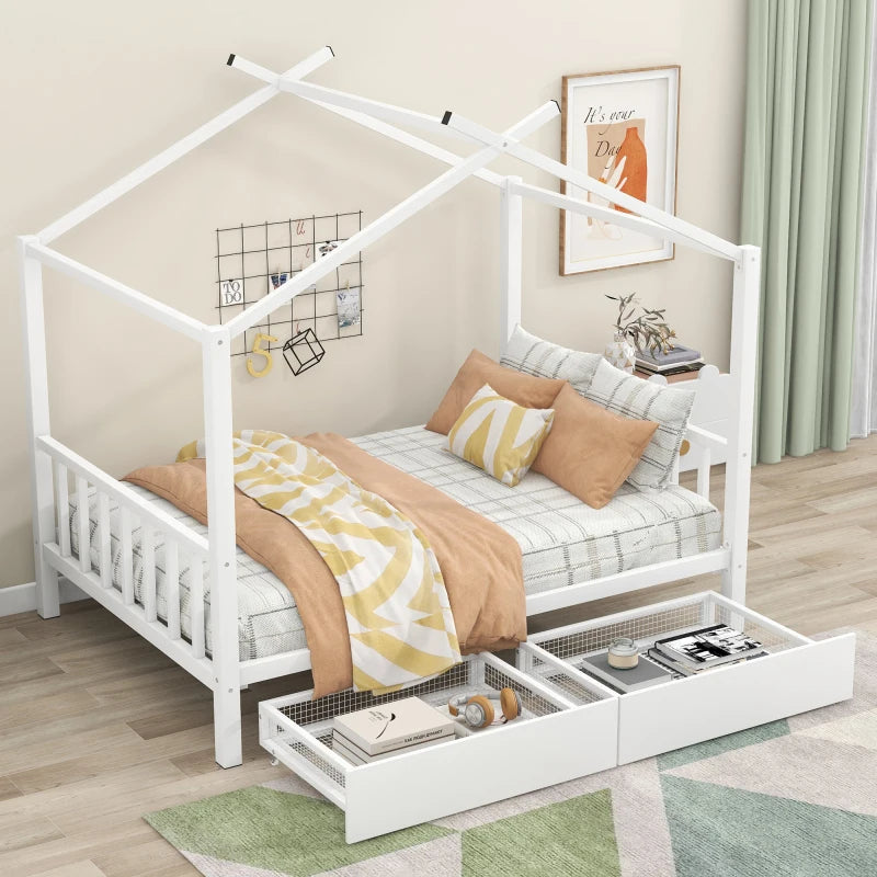 Full Size, Roof Design, Wood House Bed Frame, for Kids