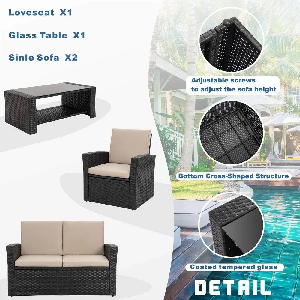 4-Piece Outdoor Wicker Rattan Sectional Sofa with Glass Coffee Table