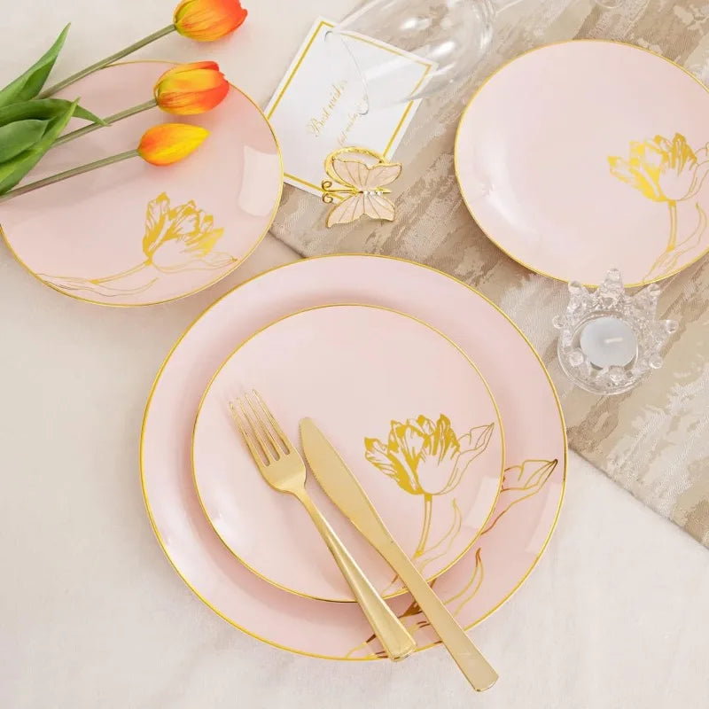 175PCS Floral Gold Disposable Plates