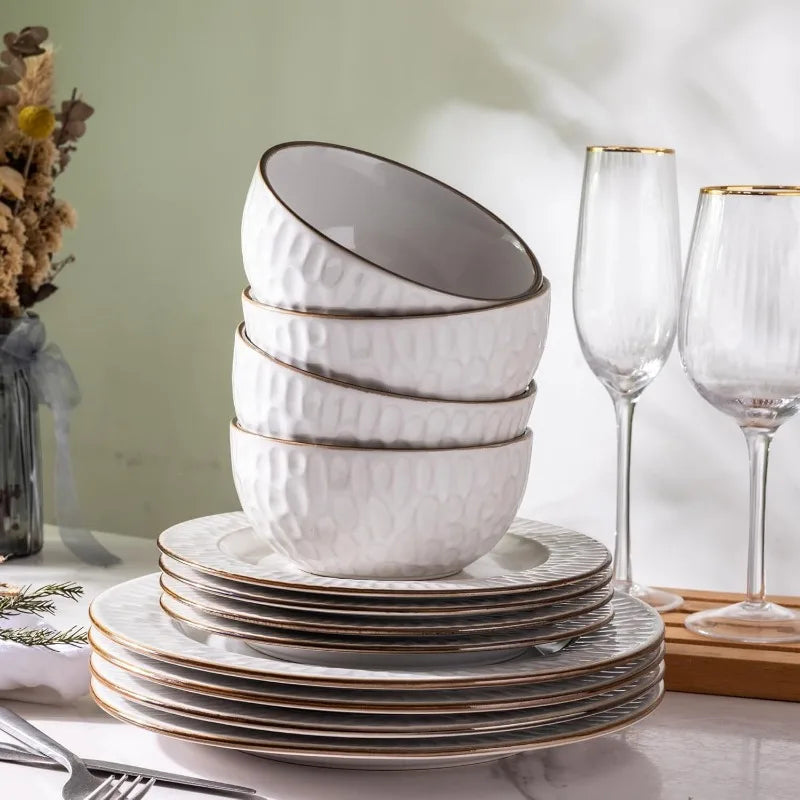 Embossed Elegant Stoneware Plates and Bowls Sets