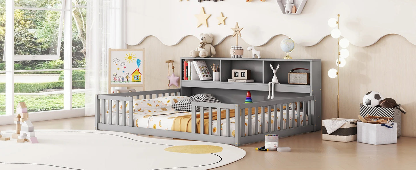 Easy To Assemble Kids Floor Bed with Bookcase and Shelves