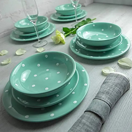 12-Piece Handmade Teal Blue Polka Dot Ceramic Dinnerware Set