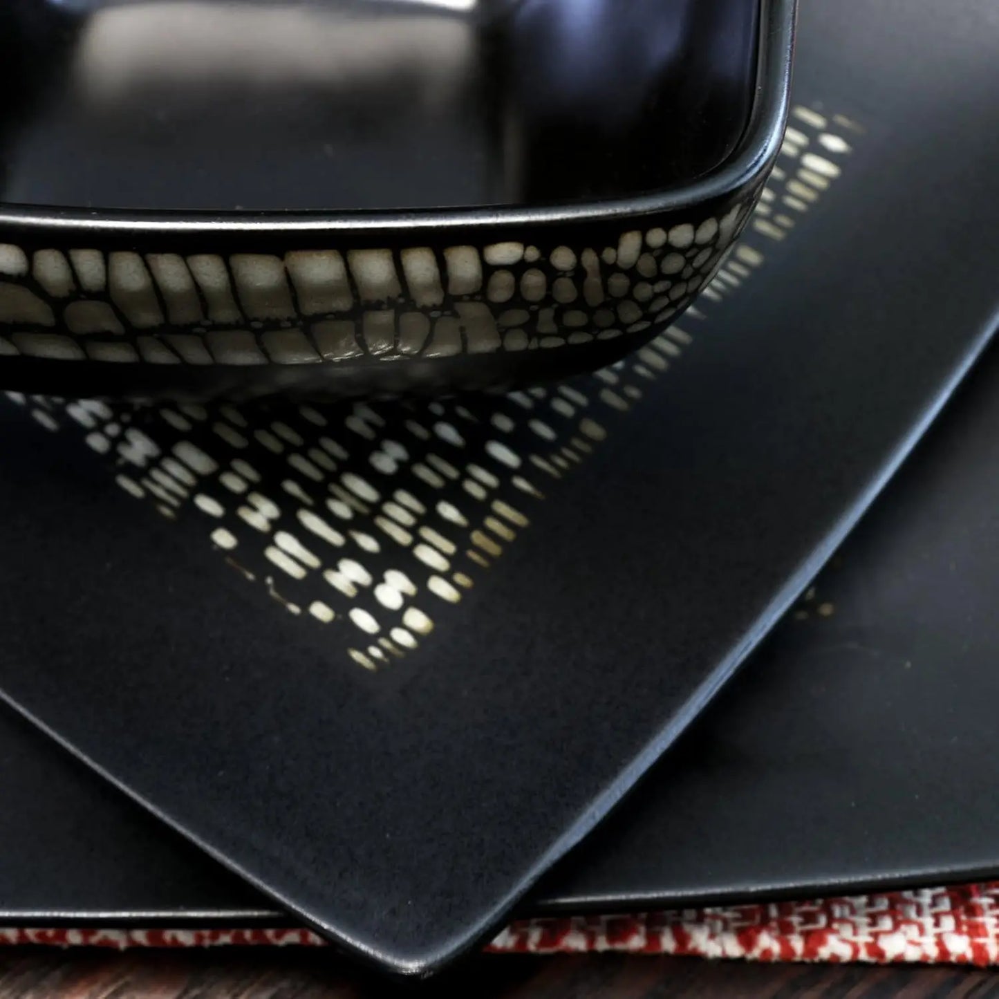 Square Matte Black and Tan Tile Pattern Dinnerware Set, 16 Piece,