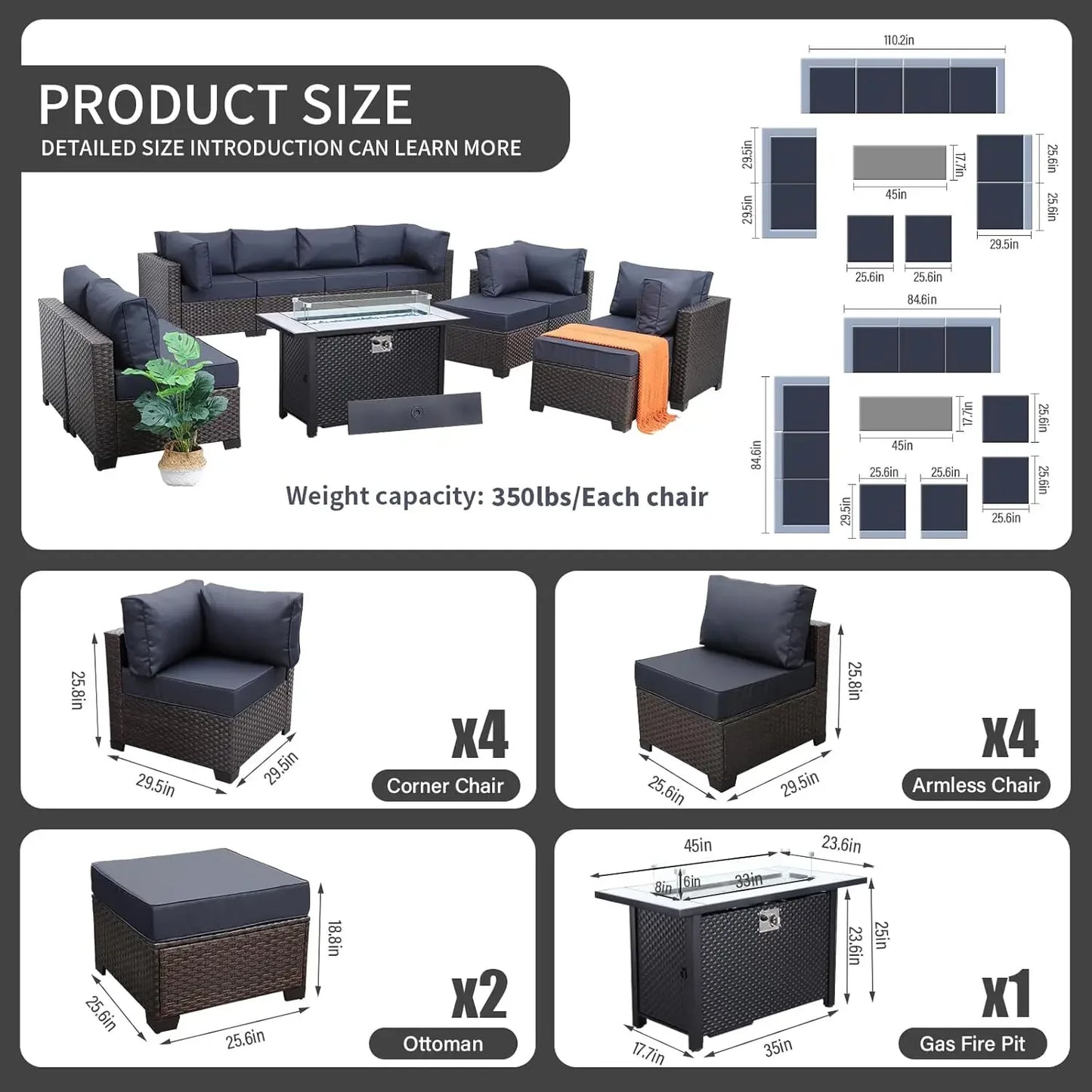 11 piece Rattan Sectional Sofa Conversation Set with Fire Pit Table