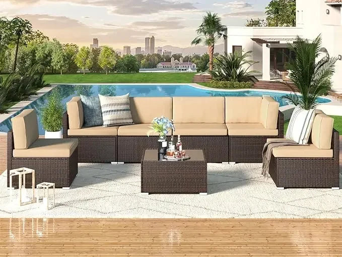 7 Piece Wicker Outdoor Sectional Sofa Patio Furniture Set