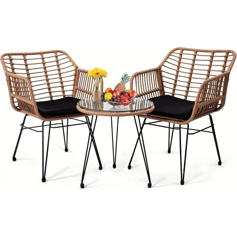 3 Pieces Wicker Patio Bistro Furniture Set, Includes 2 Chairs and Glass Top Table