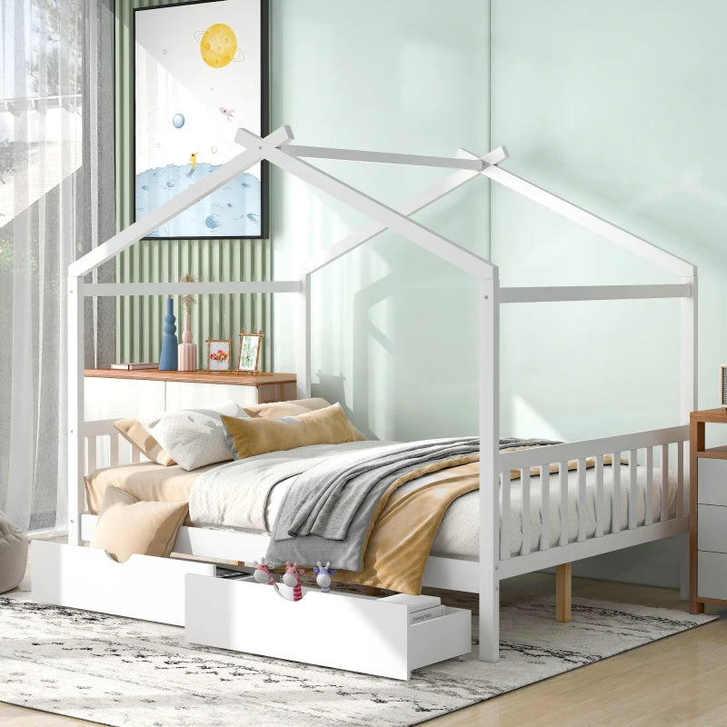 Full Size, Roof Design, Wood House Bed Frame, for Kids