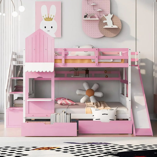 Kid's Bunk Bed Full Over Full With Drawers And Slide And Staircase,