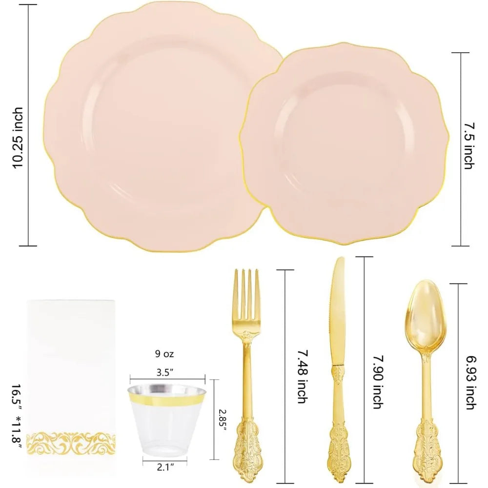 175PCS Pink Pink Plates with Gold Disposable Silverware - Include 50 Plates,25 Knives,25 Forks,25 Spoons,25 Cups and 25 Napkins