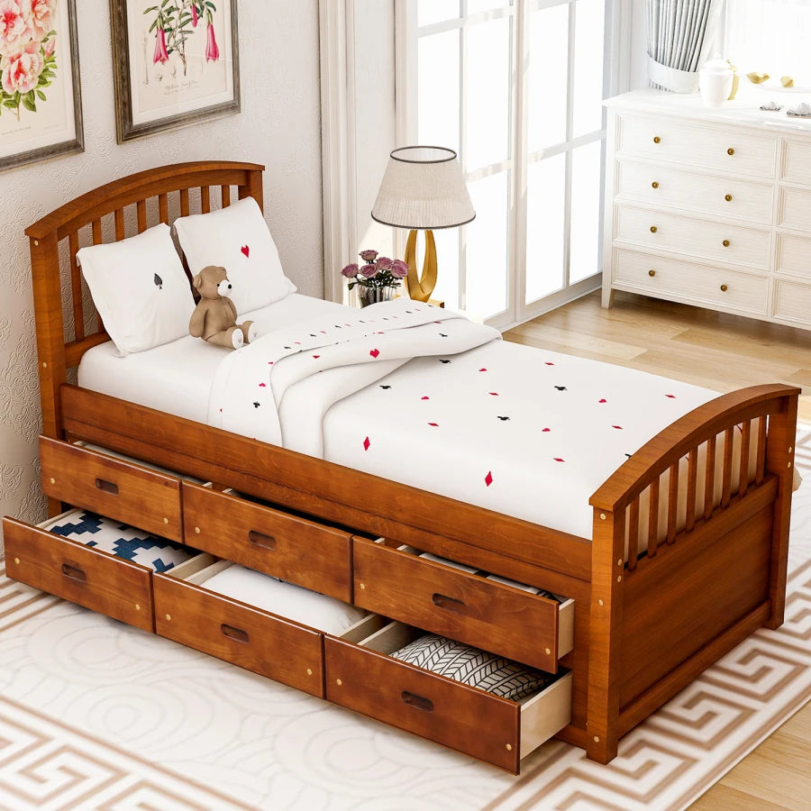 Solid Wood Twin Size Platform Storage Bed with 6 Drawers