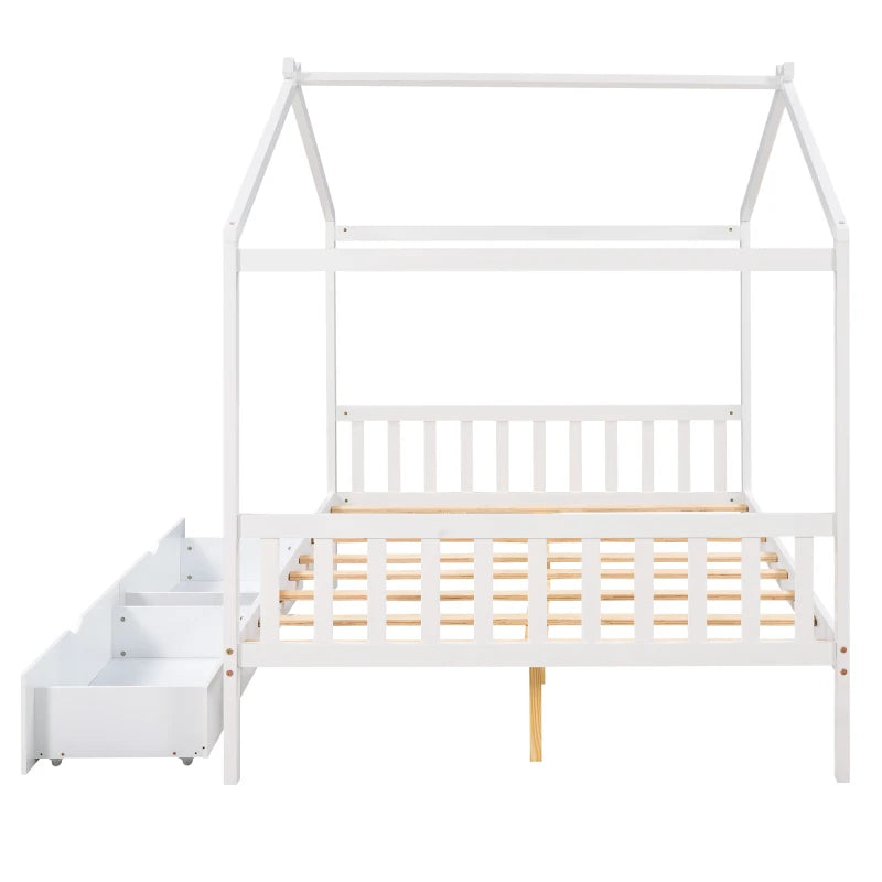 Wooden House Bed Frame for Kids with Ample Storage Options, Roof Design