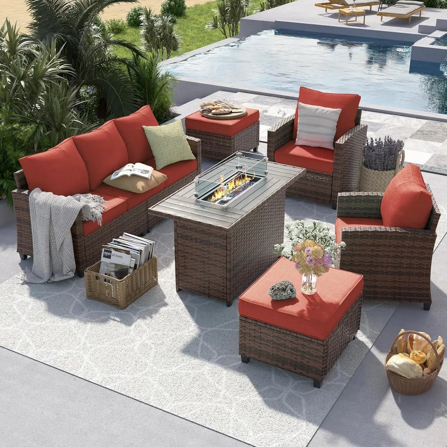 6 Pieces Sectional Conversation Patio Set with 44" Fire Pit Table