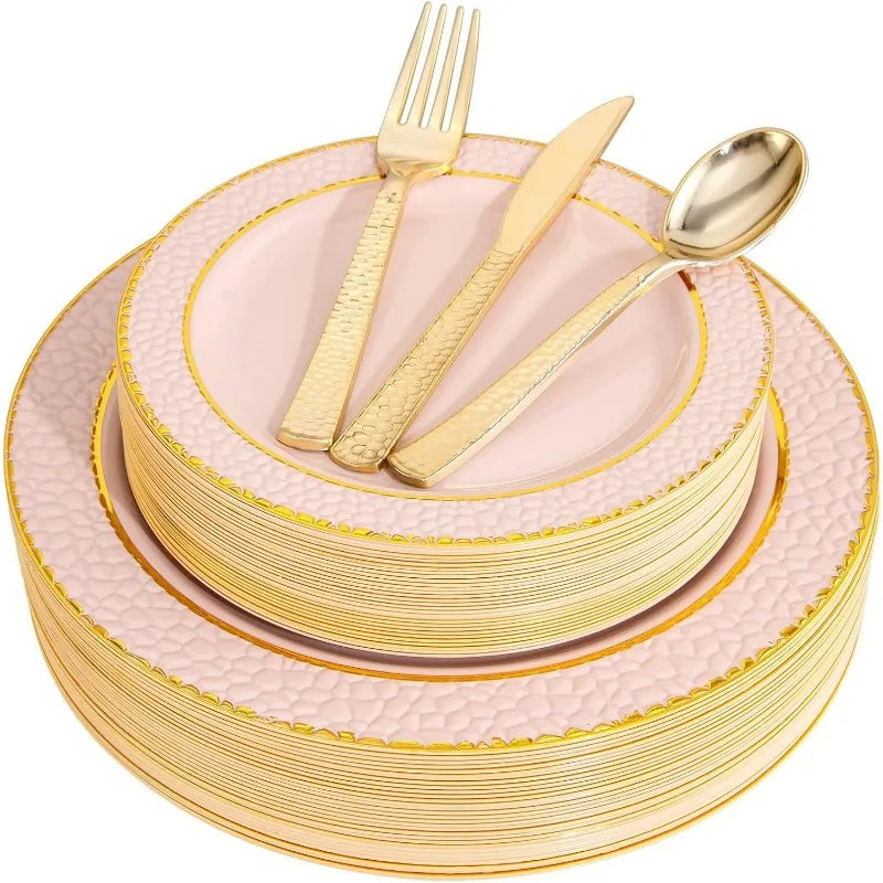 150PCS Clear-Gold Plastic Plates - Gold Plastic Silverware with Glitter Handle - 30 Guests