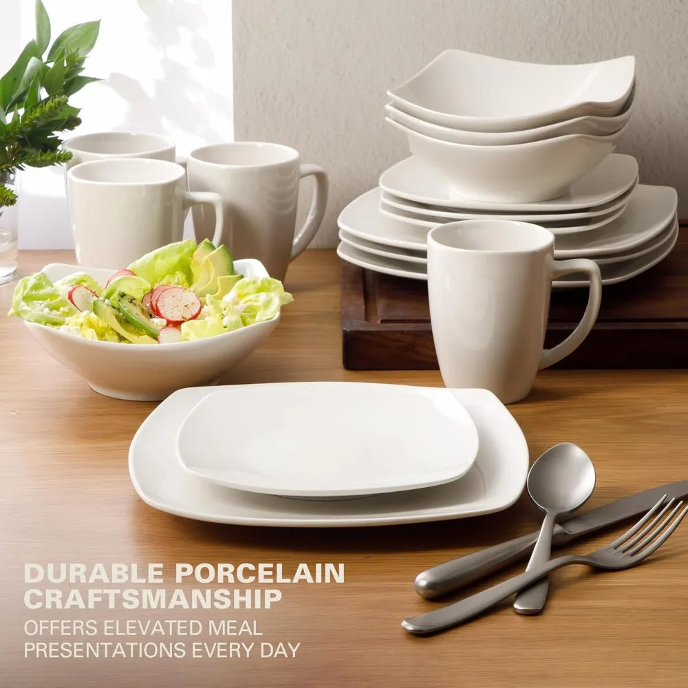 Square Porcelain Dinnerware Set for 4, White