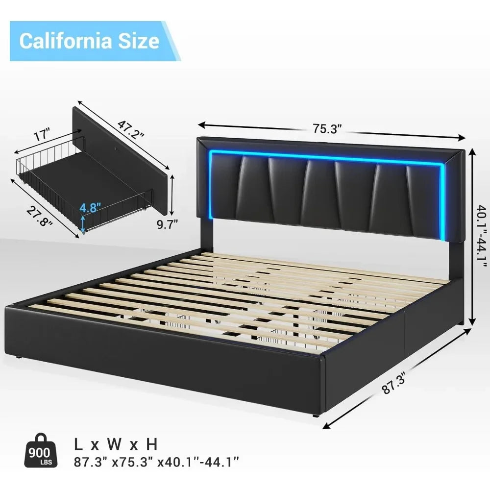 Upholstered Platform Bed Frame with 4 Storage Drawers and Led Lights