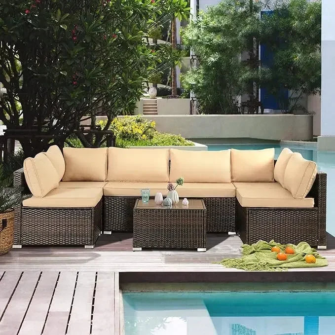 7 Piece Wicker Outdoor Sectional Sofa Patio Furniture Set