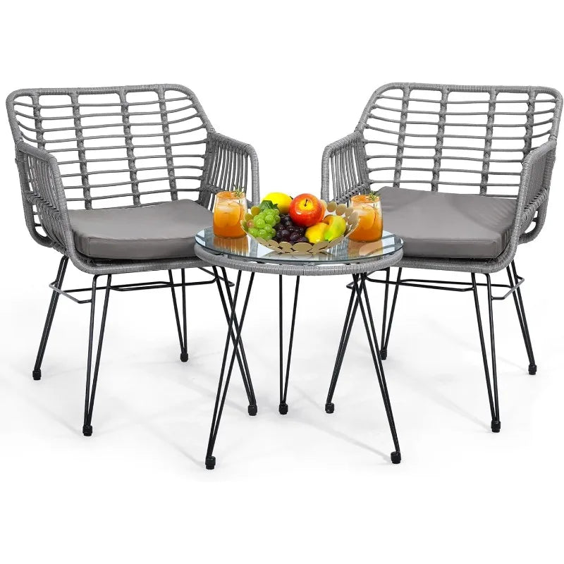 3 Pieces Wicker Patio Bistro Furniture Set, Includes 2 Chairs and Glass Top Table