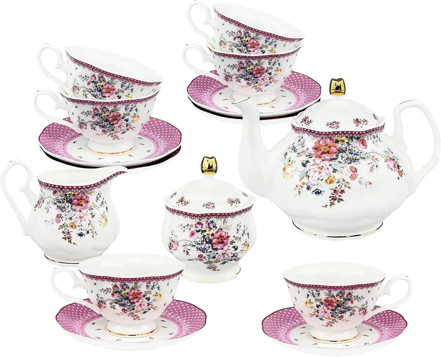 21 Piece Floral Porcelain , British Tea Cup and Saucer Set for 6