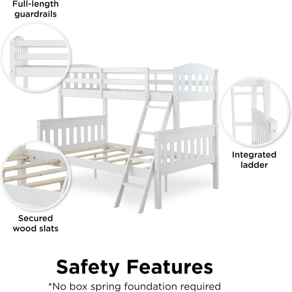 Convertible Wood Bunk Bed, Stackable and Detachable Bed Frames for Kids and Teens, with Angled Ladder