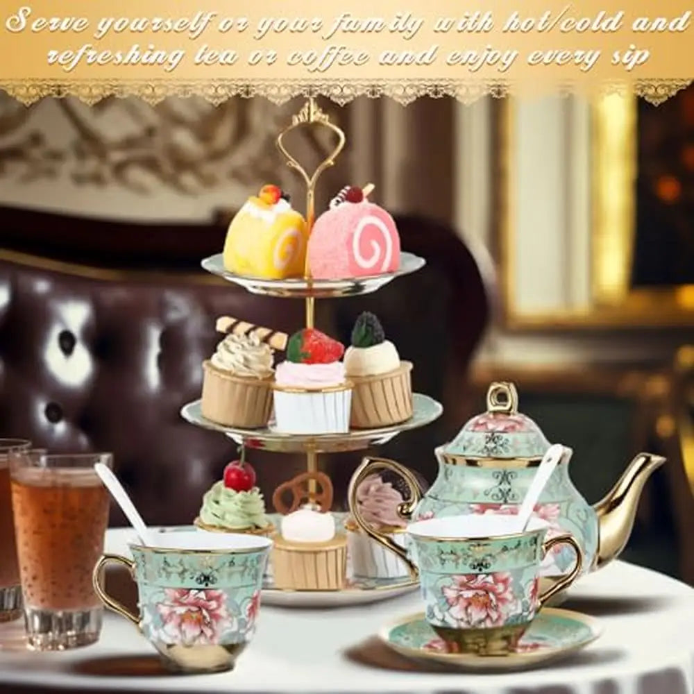 3-Tier 21-Piece European Porcelain Tea Set with Metal Holder