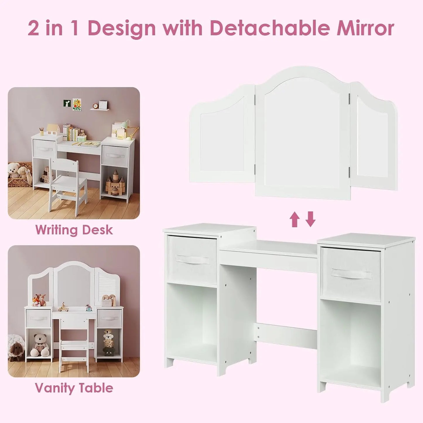 Kids' Vanity Set, Makeup Table For Little Girls With Tri-Folding Mirror And Stool