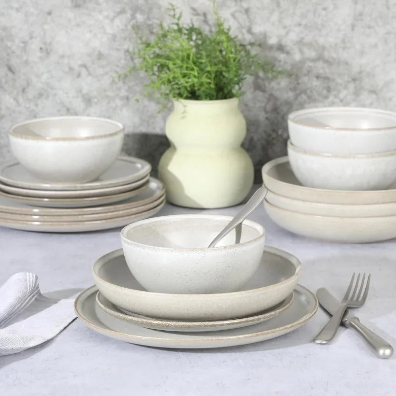 Beckett Stoneware Matte Reactive Glaze 16 Piece (Service for 4) Plates and Bowls Dinnerware Set - Linen White