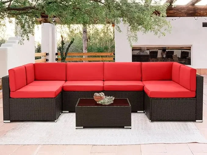 7 Piece Wicker Outdoor Sectional Sofa Patio Furniture Set