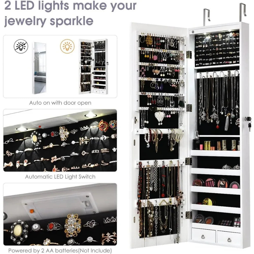 Lockable Large Jewelry Organizer Cabinet with Full-Length Mirror, 2 LEDs