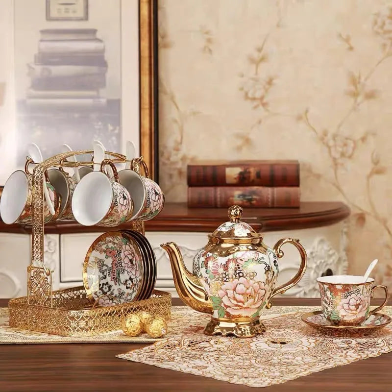 Gold Plated Red Rose Ceramic Vintage Tea Set, with Teapot