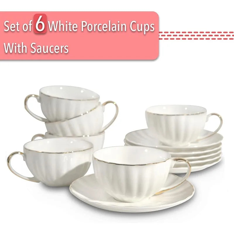 Tea Cups and Saucers, Set of 6 (7 oz) with Gold Trim and Gift Box, White