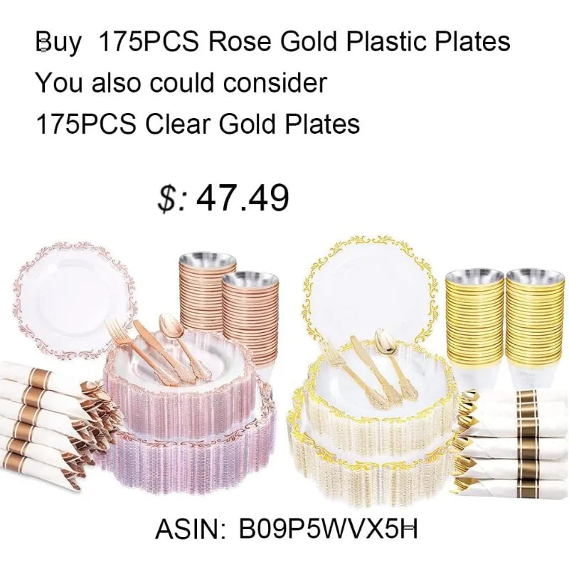 175PCS Clear Green Plastic Plates & Gold Plastic Silverware & Clear Green Cups & Gold Napkins, Service 25 Guest