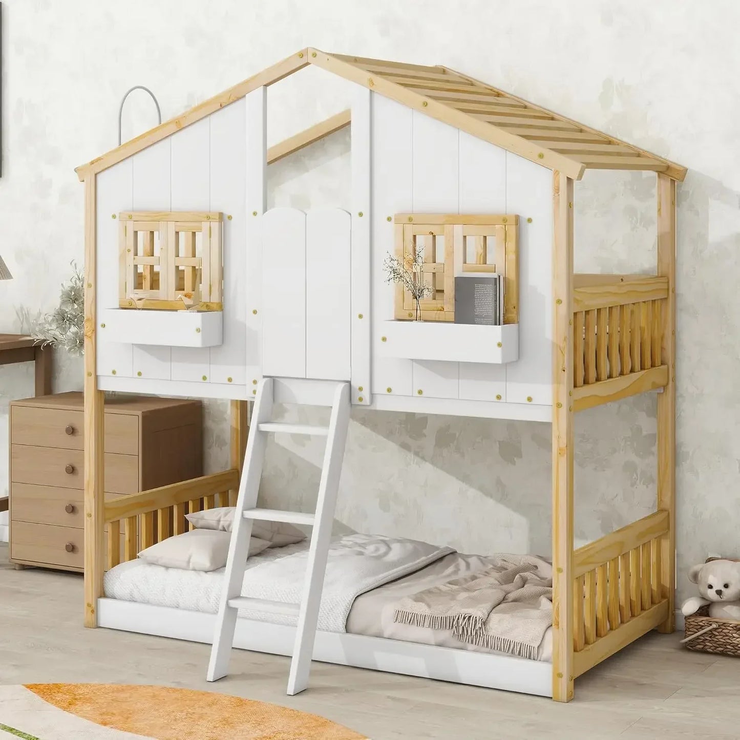 Twin Over Twin House Bunk Bed for Kids, with Roof, Windows, Window Box and Small Door