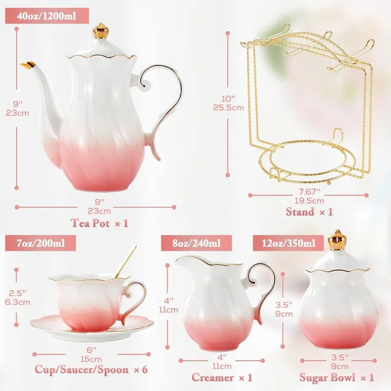 22 pcs Porcelain Tea Set for 6, Luxury British Style Tea/Coffee Cup Set with Golden Trim