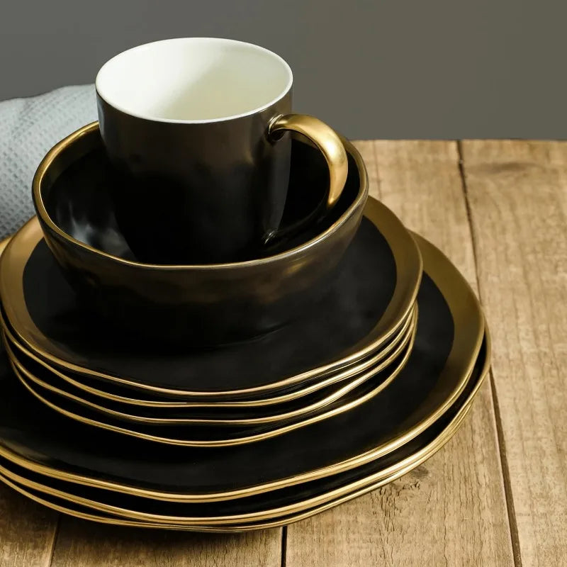 Porcelain 16 Piece Dinnerware Set, Service for 4, Golden Rim