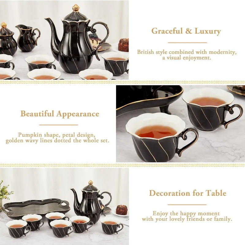 14 pcs Tea Set for 6 with Tea Tray & Spoons, Luxury British Style Tea/Coffee Cup Set with Golden Trim