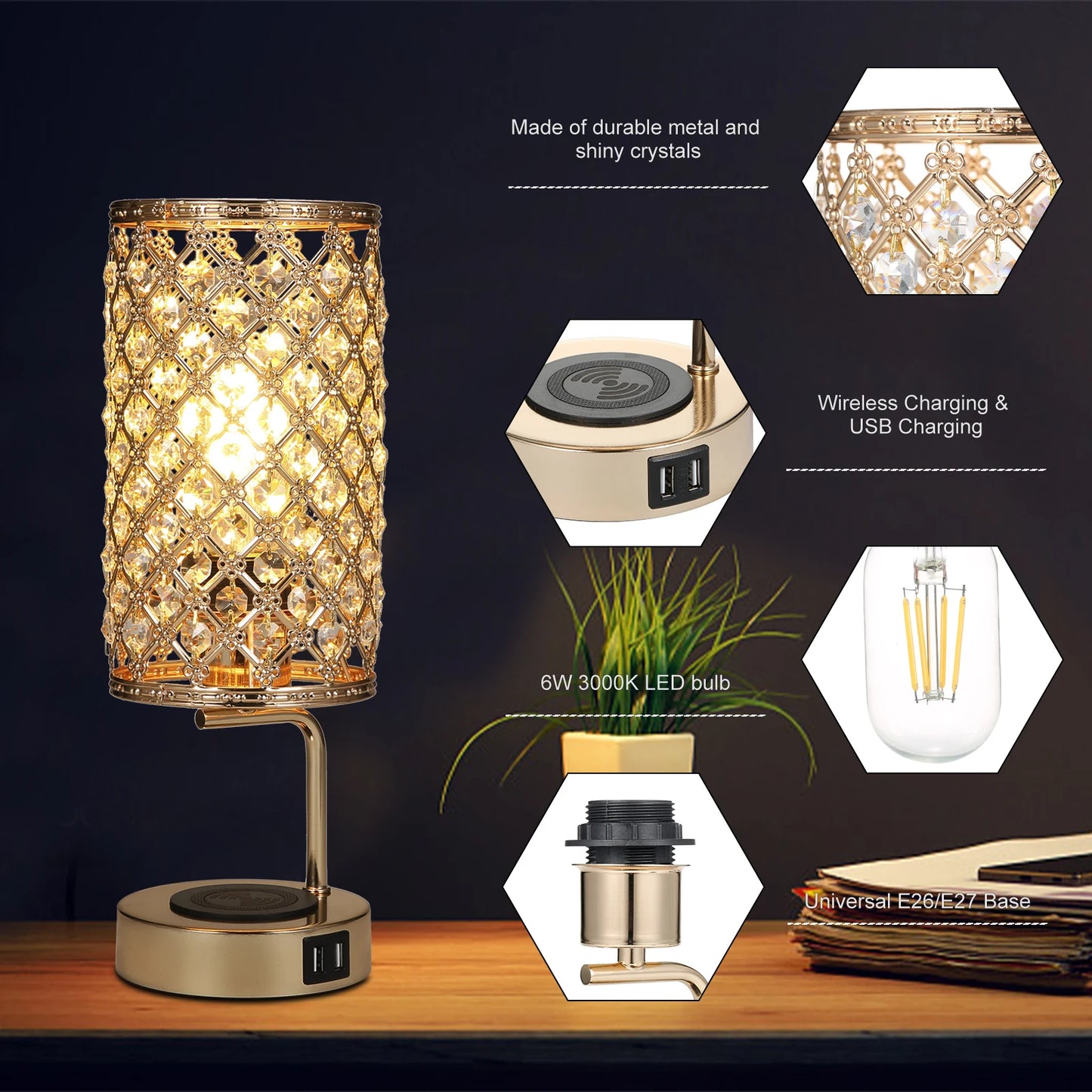 Neoglint Crystal Table Lamp with 6W Bulb